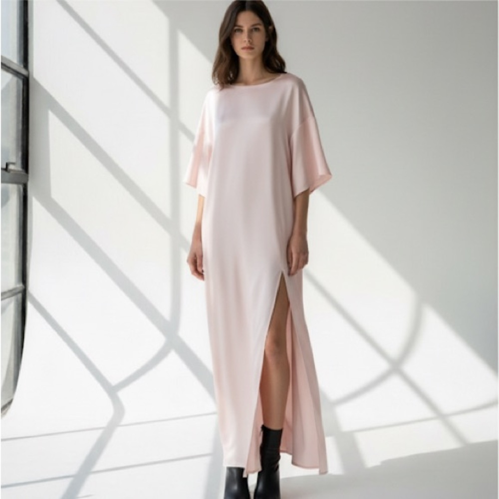 Paul & Joe powder pink satin short-sleeve maxi dress - size FR 44 (Large) NWOT